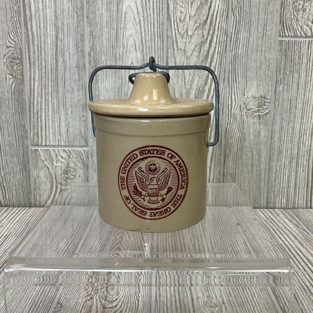Vintage Crock With Wire Bale Lid Cannister Imprinted Great Seal of the USA
